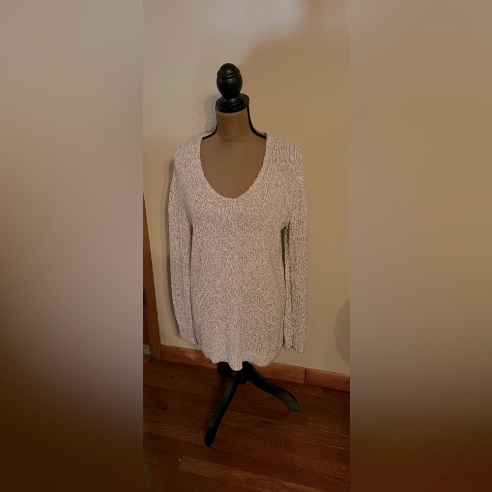 LOFT WOMENS TUNIC SWEATER, SIZE L, GRAY & WHITE